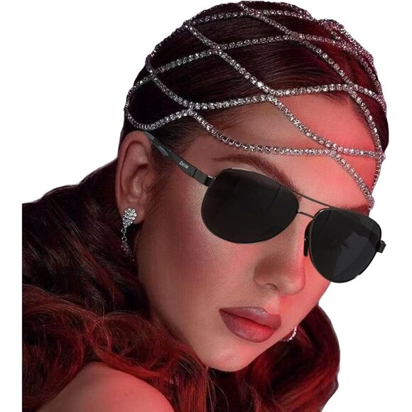 Aoozleny Rhinestone Mesh Headpiece Cap, Silver Roaring 20s Flapper Head Chain - Picture 1 of 7